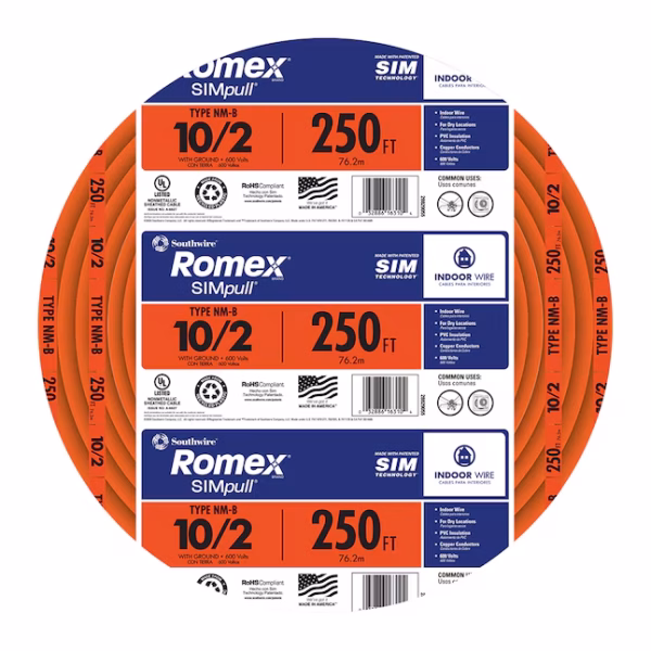 Southwire 250-ft 10 / 2 / Romex SIMpull Solid Indoor CU NM-B W/G Individual pack ( By-the-roll )