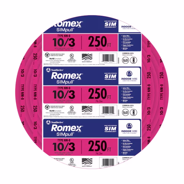 Southwire 10/3 NM-B 250 ft Romex SIMpull orange solid copper cable with ground from IB Lighting