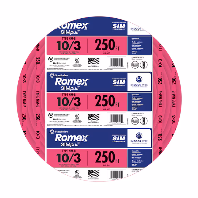 Southwire 10/3 NM-B 250 ft Romex SIMpull orange solid copper cable with ground from IB Lighting