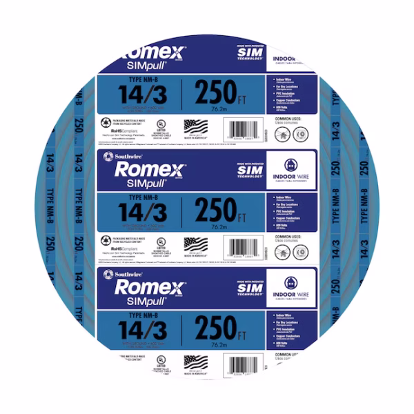 Southwire 14/3 NM-B 250 ft Romex SIMpull white solid copper cable with ground from IB Lighting