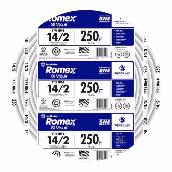 Southwire 14/2 NM-B 250 ft Romex SIMpull white solid copper cable with ground from IB Lighting
