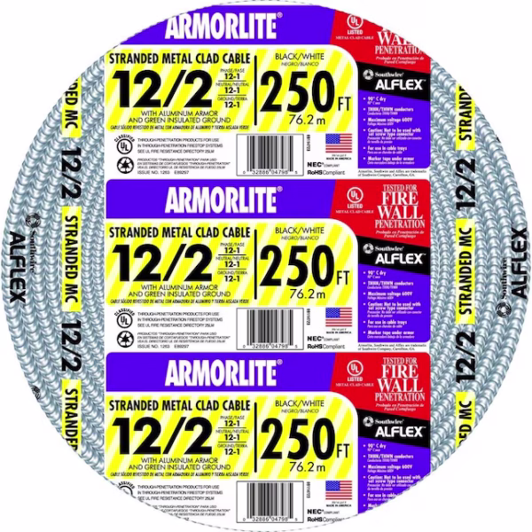 Southwire Armorlite 122 MC cable 250 ft stranded aluminum interlocking metal clad cable from IB Lighting