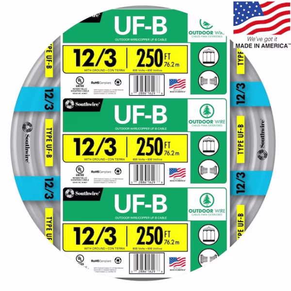 Southwire 12/3 Solid Copper UF-B Underground Feeder Cable with Ground 250-Foot Roll – Model 13058355