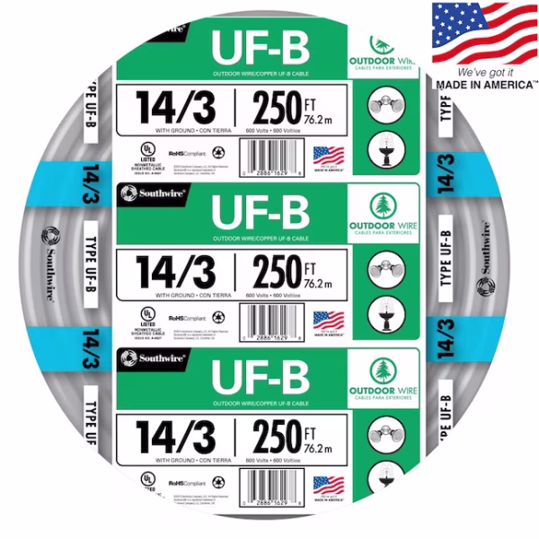 Southwire 14/3 Solid Copper UF-B Underground Feeder Cable with Ground 250-Foot Roll – Model 13057555