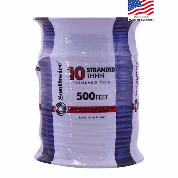 Southwire 10 AWG Stranded Copper THHN Building Wire Blue 500-Foot Roll – Model 22976557