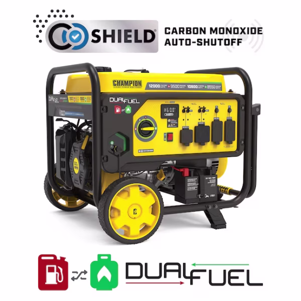 Champion 12,000 / 9,500-Watt Dual-Fuel Portable Generator with CO Shield and Electric Start – Model 201508