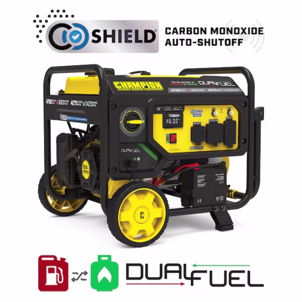 Champion 4,750 / 3,800-Watt Dual-Fuel RV-Ready Portable Generator with Electric Start and CO Shield – Model 201393