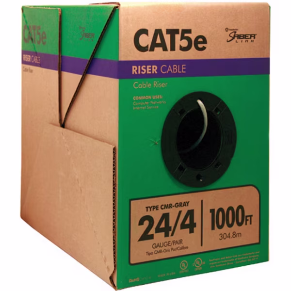 Southwire CAT 5e 1000 ft riser rated 24 AWG 4-pair gray Ethernet data cable pull box from IB Lighting