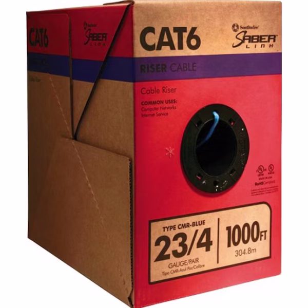 Southwire CAT 6 1000 ft riser rated 23 AWG 4-pair blue Ethernet data cable pull box from IB Lighting