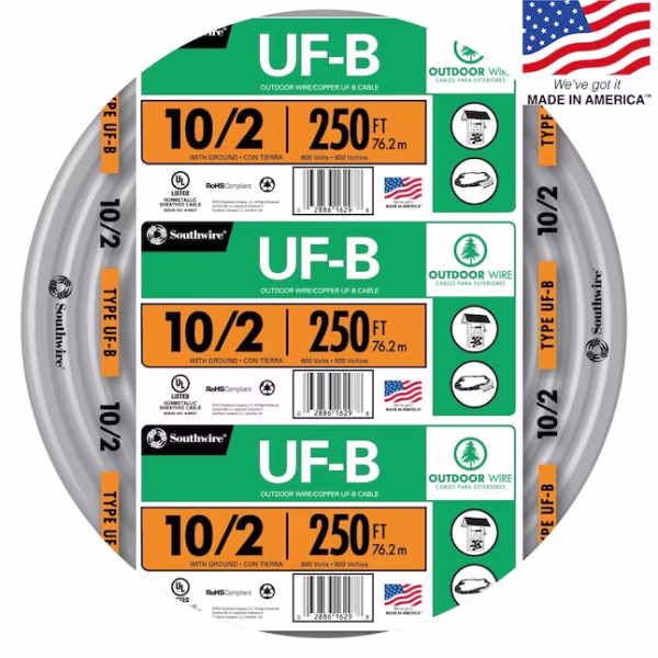 Southwire 10/2 UF-B underground feeder cable with ground 250 ft roll for direct burial 30-amp 120V circuits from IB Lighting