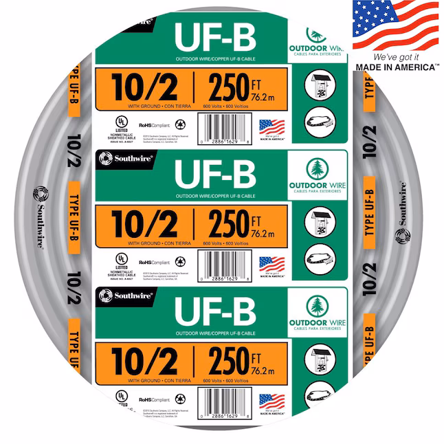 Southwire 10/2 UF-B underground feeder cable with ground 250 ft roll for direct burial 30-amp 120V circuits from IB Lighting