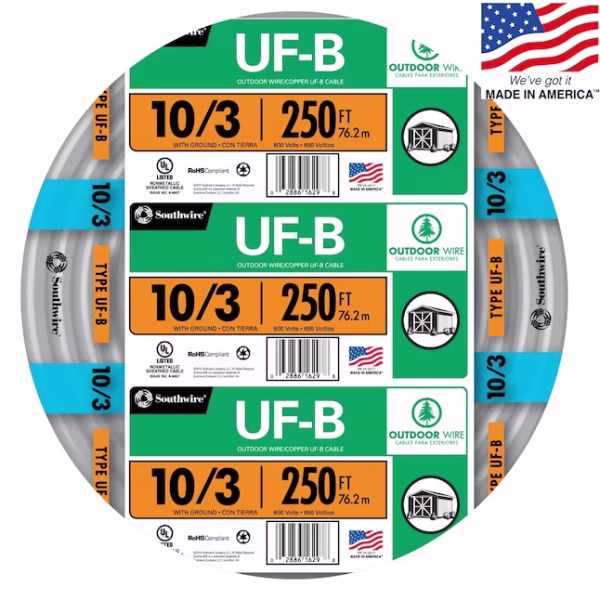 Southwire 10/3 UF-B underground feeder cable with ground 250 ft roll for direct burial 30-amp circuits from IB Lighting