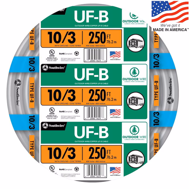 Southwire 10/3 UF-B underground feeder cable with ground 250 ft roll for direct burial 30-amp circuits from IB Lighting
