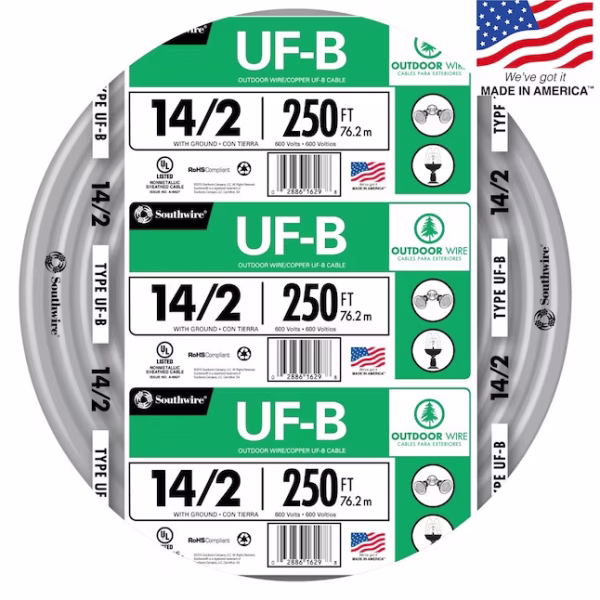 Southwire 14/2 UF-B underground feeder cable with ground 250 ft roll for direct burial from IB Lighting