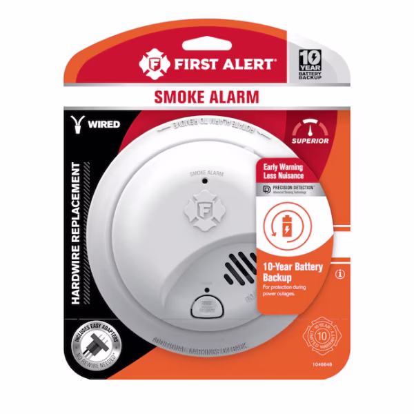 First Alert hardwired smoke detector model 1046848 with 10-year battery backup and interconnect capability from IB Lighting
