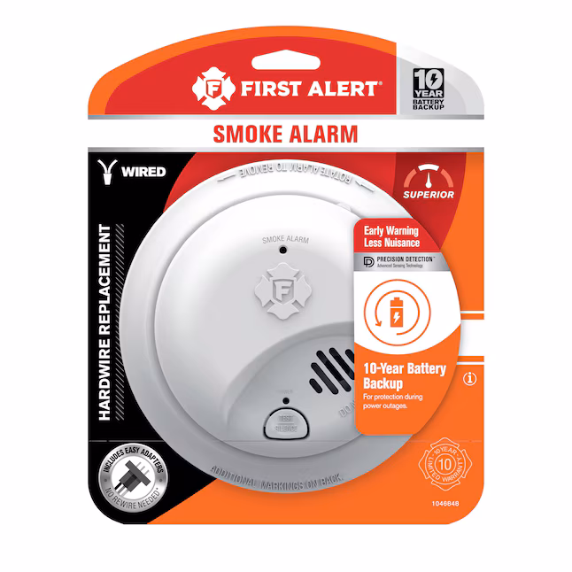 First Alert hardwired smoke detector model 1046848 with 10-year battery backup and interconnect capability from IB Lighting