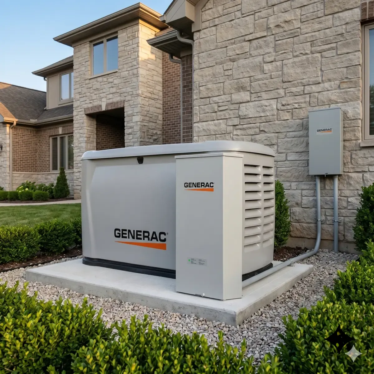 Generac 7329 28kW flagship home standby generator with included 200A transfer switch and ecobee smart thermostat installed at a luxury home