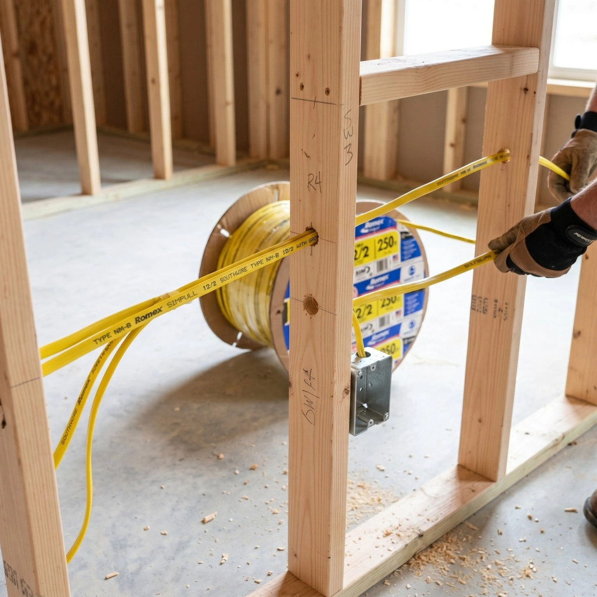 Southwire 12/2 NM-B 250 ft Romex SIMpull cable being pulled through wood framing during residential electrical installation