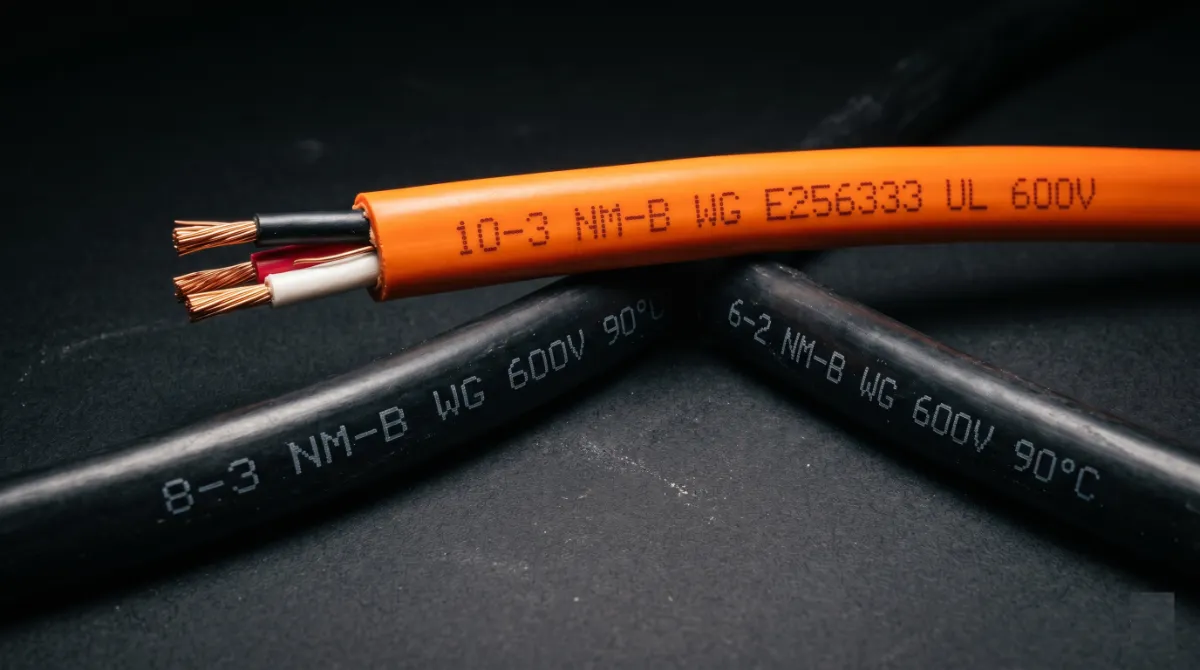 10 AWG, 8 AWG, and 6 AWG NM-B cables with orange and black jackets used for heavy-load residential circuits