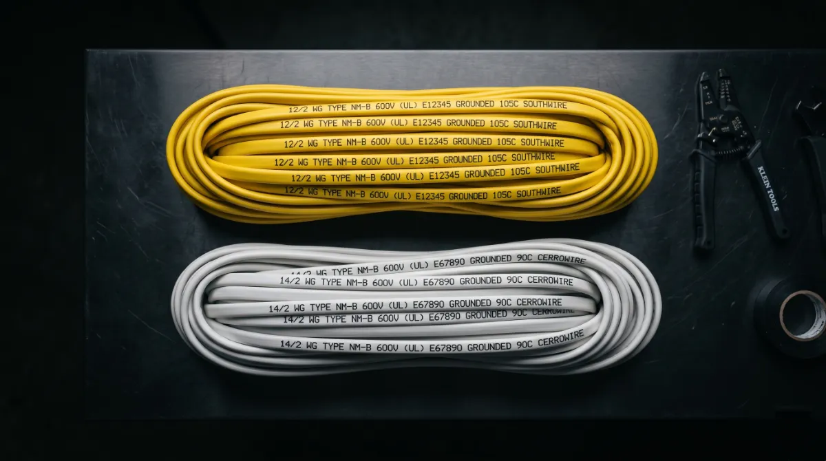 12 AWG yellow NM-B cable next to 14 AWG white NM-B cable showing color-coded jacket differences