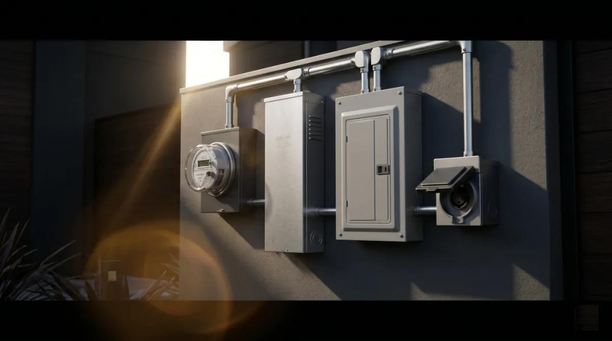 300-amp ATS installation layout showing meter base, transfer switch, generator inlet, and main panel