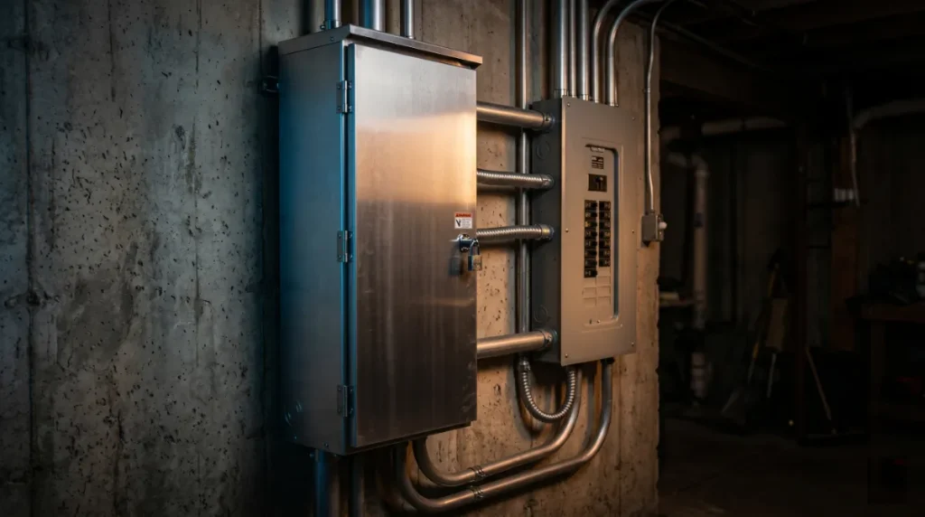300-amp generator automatic transfer switch mounted beside a residential electrical service panel