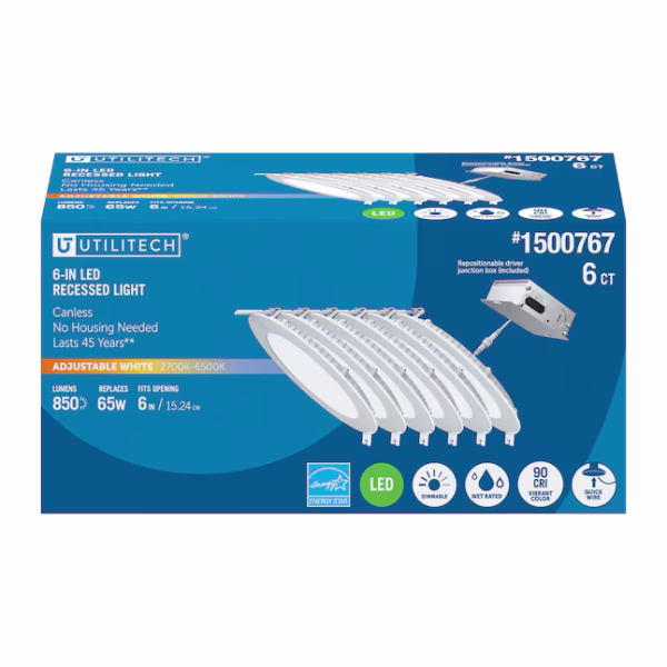 Utilitech Color Choice White 6-in 850-Lumen Switchable White Round Dimmable LED Canless Wet Rated Recessed Downlight 6-Pack