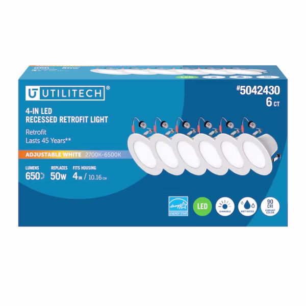 Utilitech Retrofit Kit White 4-in 650-Lumen Switchable White Round Dimmable LED Wet Rated Recessed Downlight 6-Pack