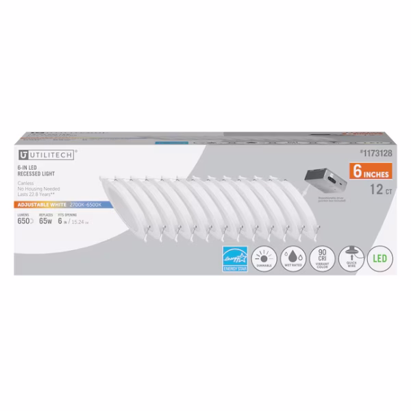 Utilitech White 6-in 650-Lumen Switchable White Round Dimmable LED Canless Wet Rated Recessed Downlight 12-Pack