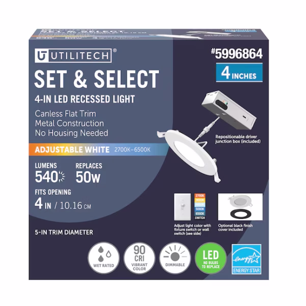 Utilitech Set Select White/Black with Night Light 4-in 540-Lumen Switchable White Round Dimmable LED Canless Wet Rated Recessed Downlight