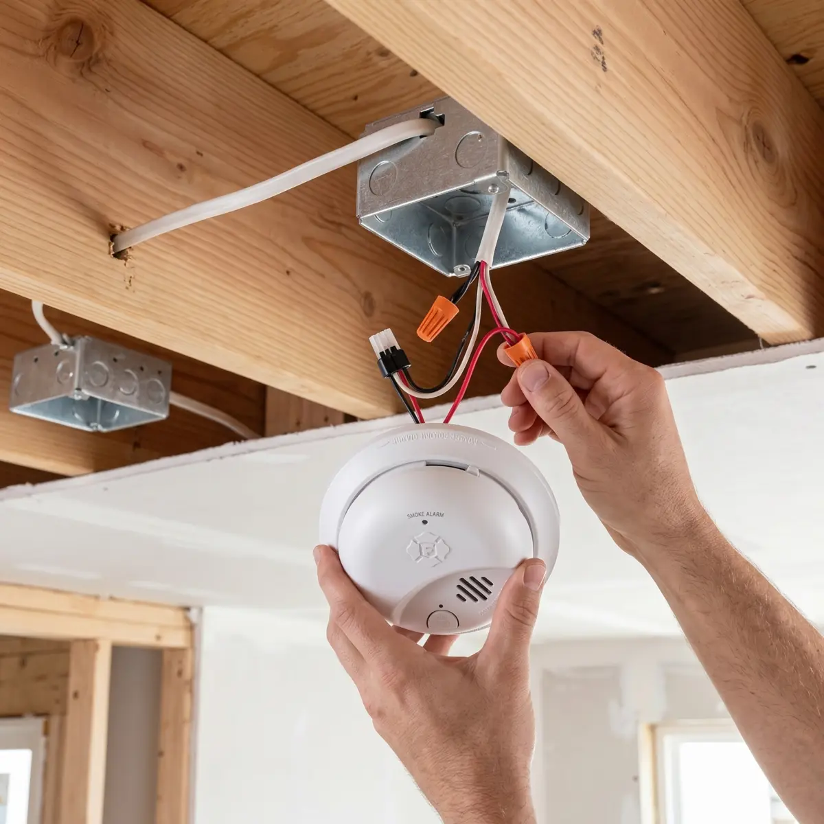 First Alert hardwired smoke detector mounted on a residential ceiling with hardwired interconnect wiring during new construction installation