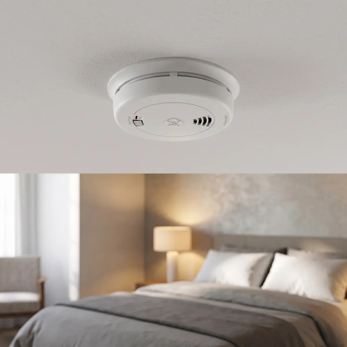 First Alert photoelectric smoke detector mounted on a residential bedroom ceiling for early fire warning
