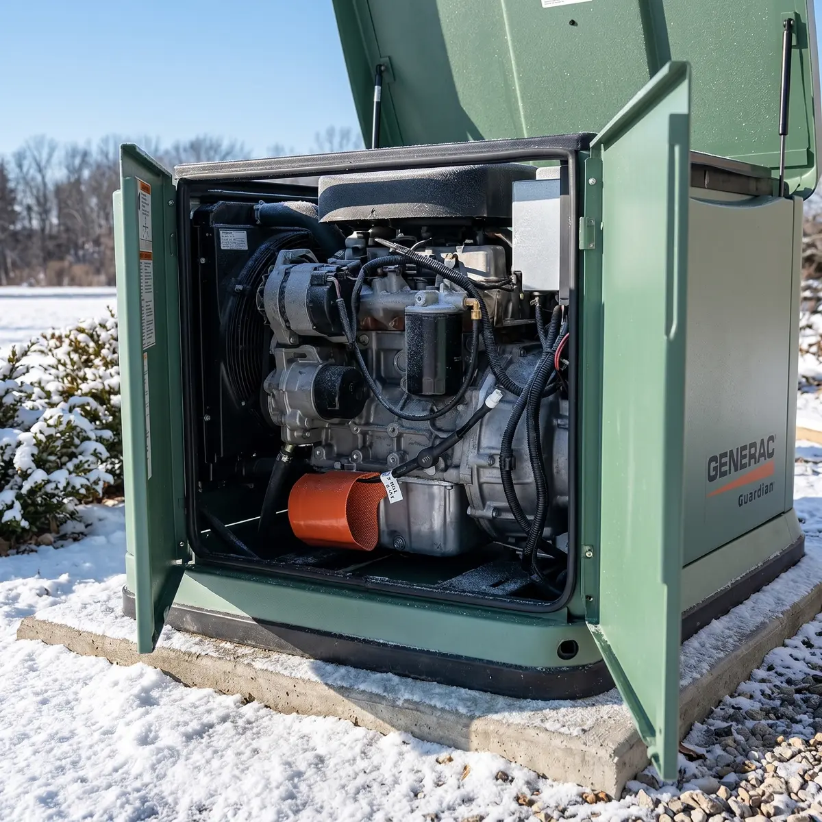 Generac 7102 cold weather kit oil heater installed in a Guardian standby generator engine bay during winter weather operation
