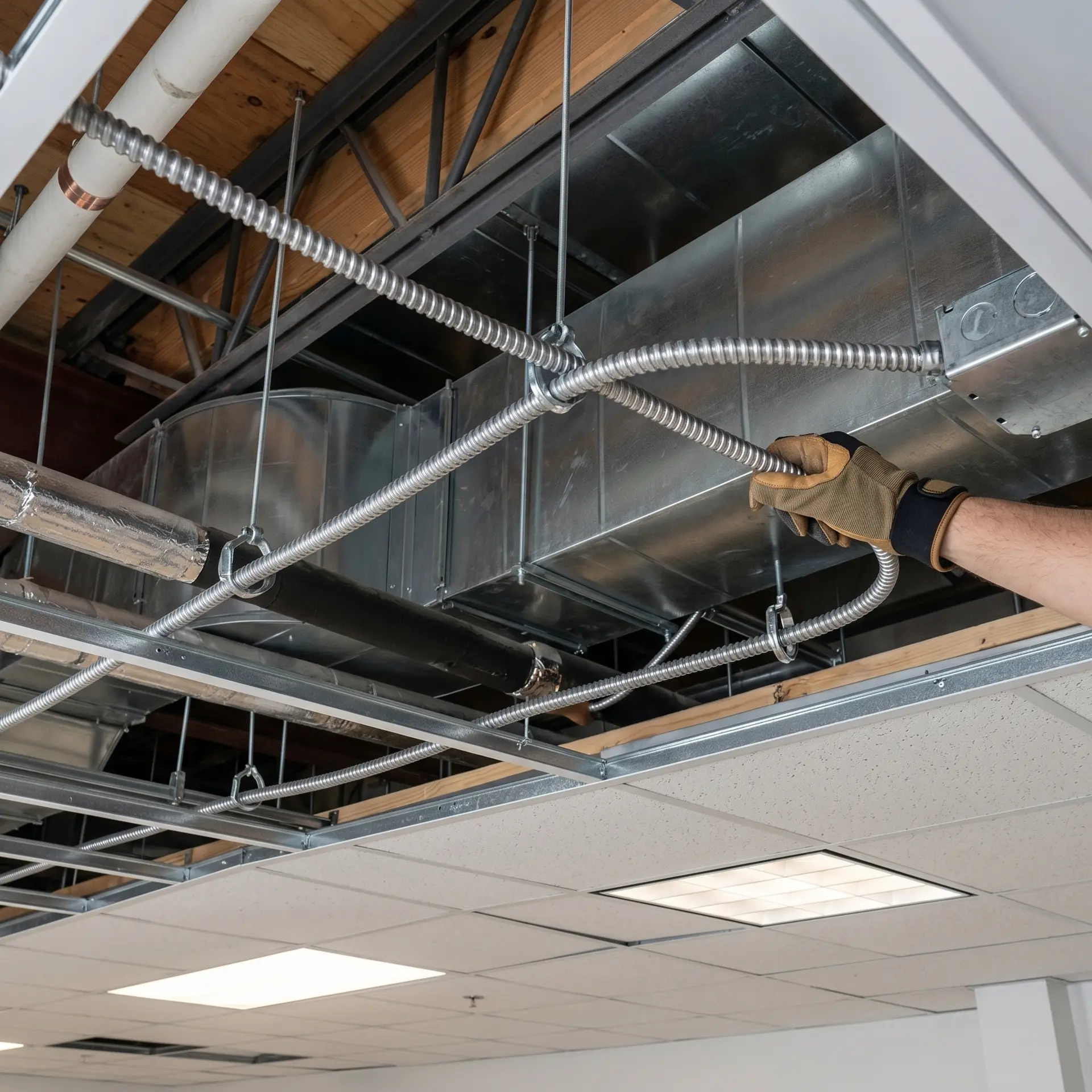 Southwire Armorlite 12/2 MC cable 250 ft being installed in a commercial drop ceiling for branch circuit wiring