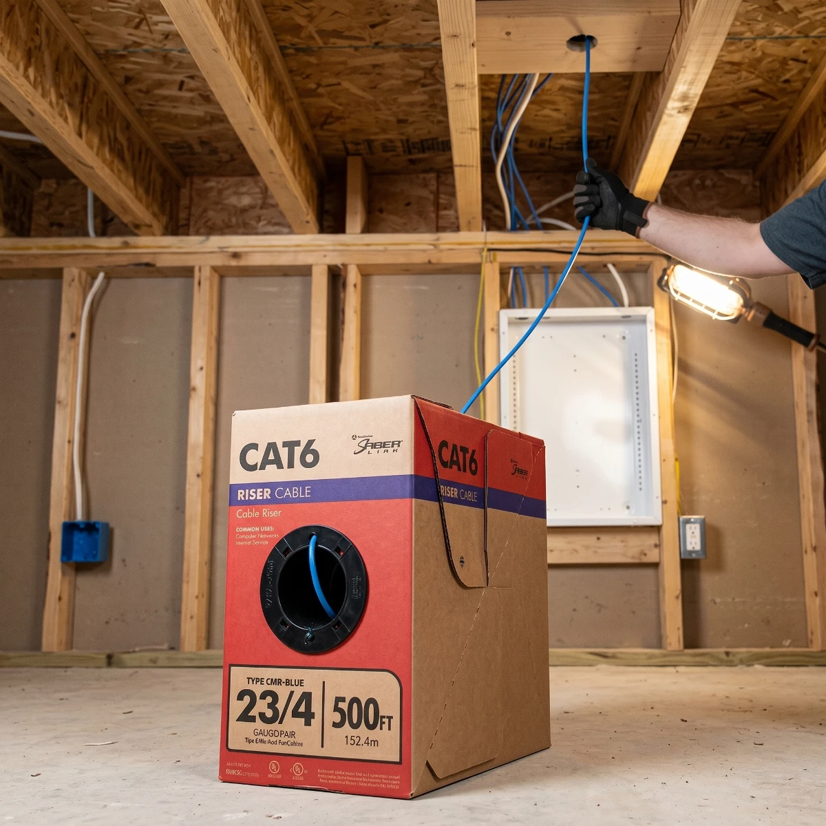 Southwire CAT 6 500 ft pull box dispensing blue cable during a residential structured cabling installation for a smart home network