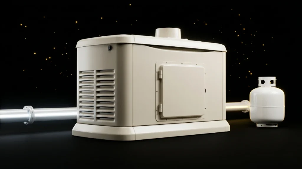 Natural gas vs propane generator cinematic comparison showing two parallel fuel delivery systems converging on a single home backup unit