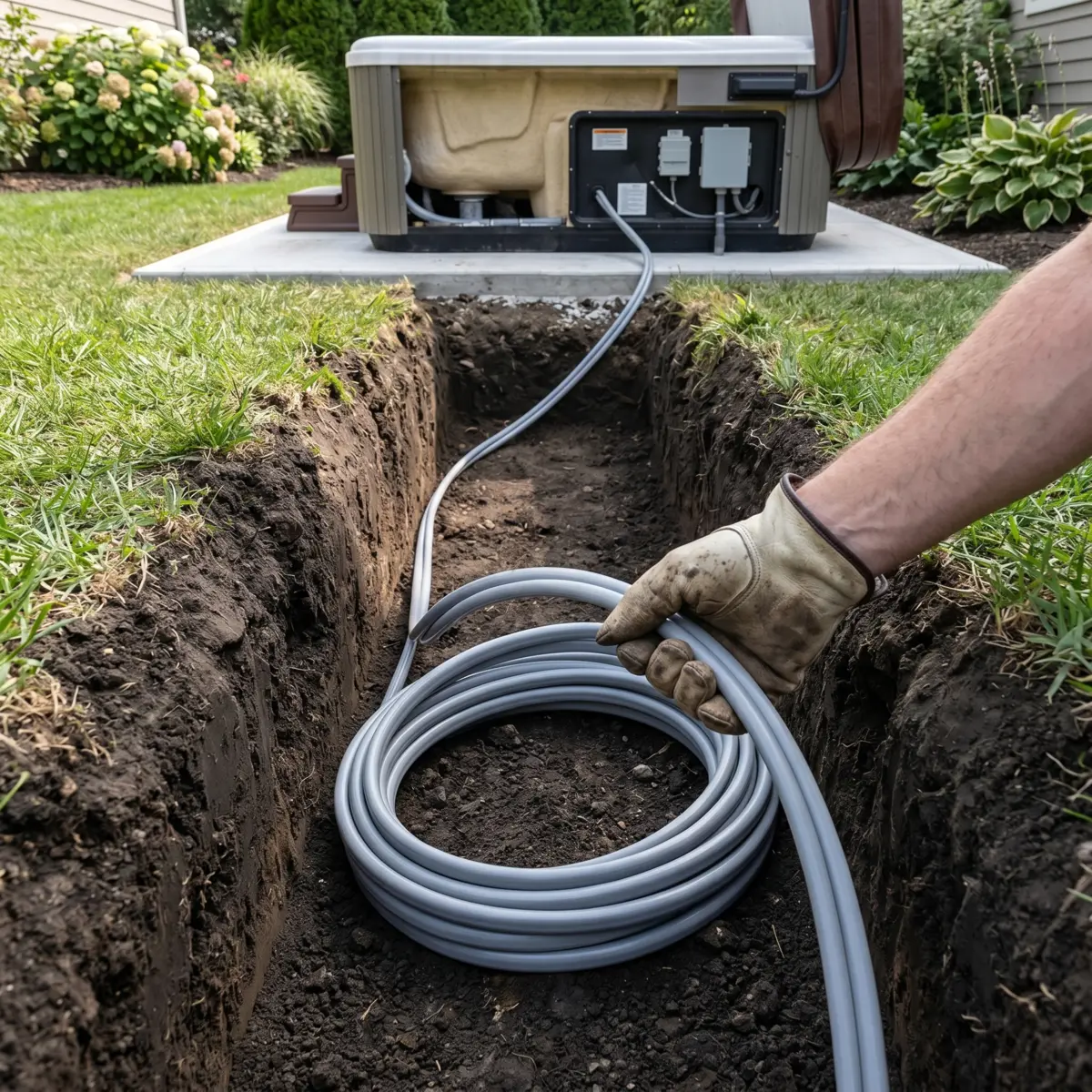 Southwire 10/3 UF-B underground feeder cable being installed in a trench for a residential hot tub circuit installation