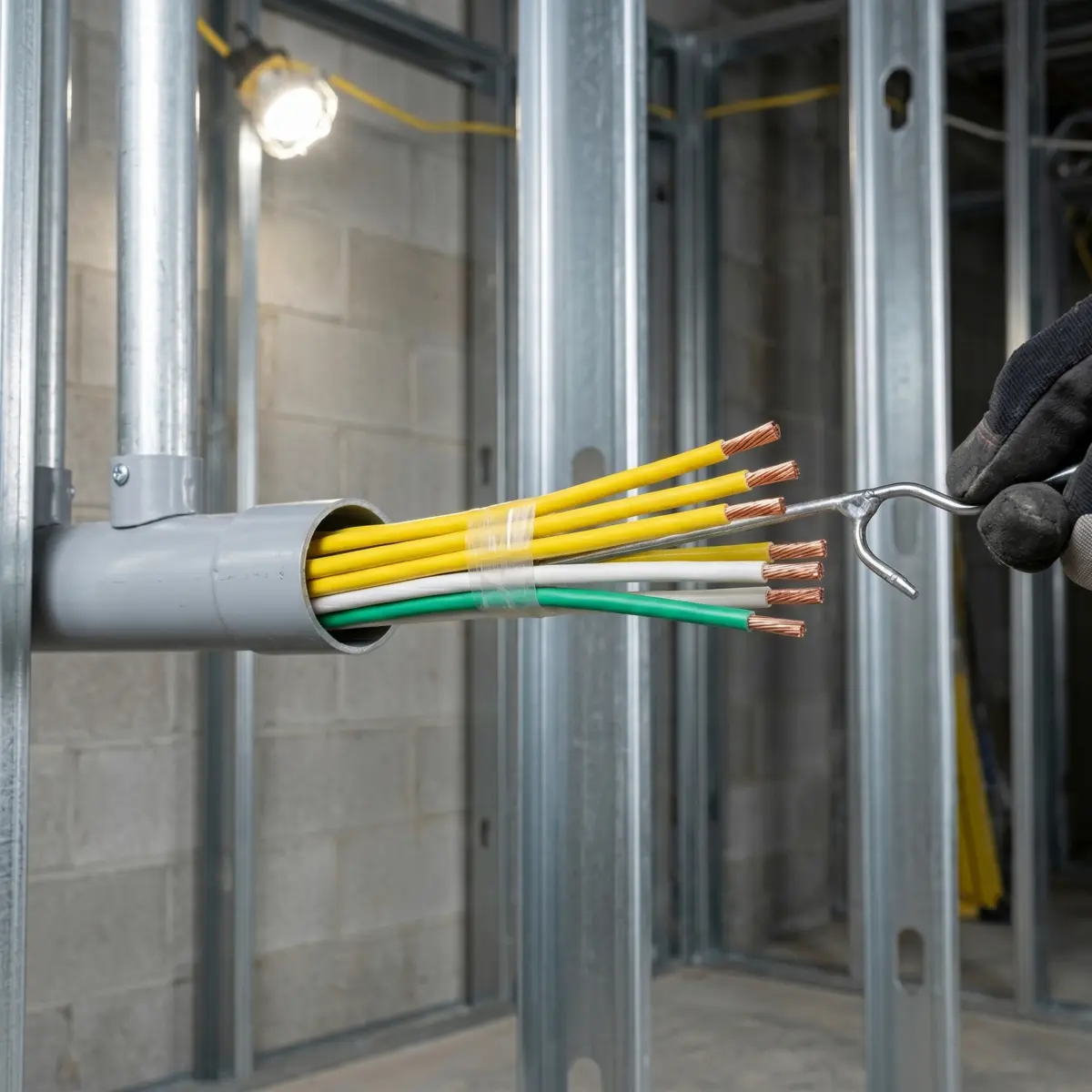 Southwire 12 AWG yellow stranded THHN wire being pulled through EMT conduit during commercial electrical installation