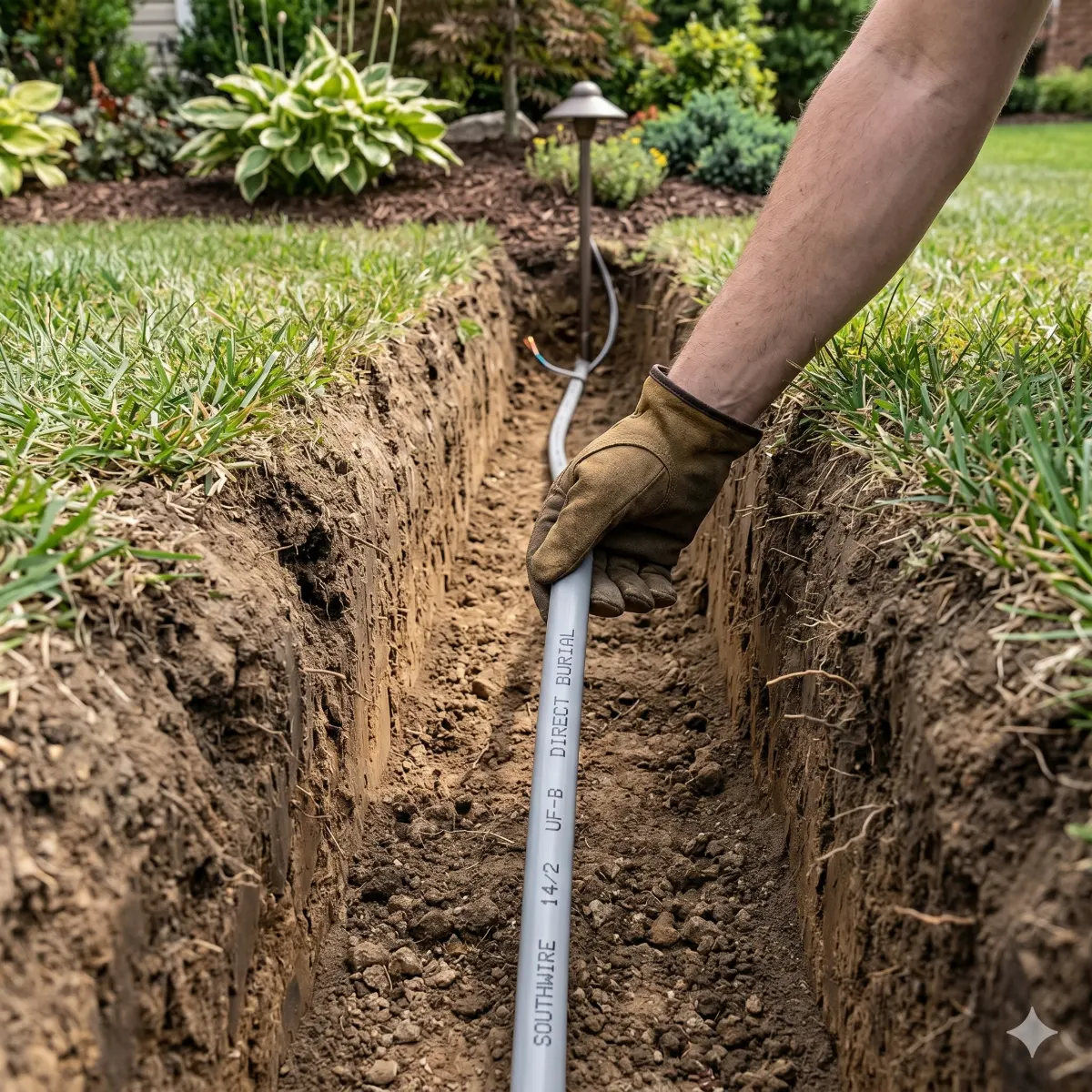 Southwire 14/2 UF-B underground feeder cable being installed in a trench for outdoor landscape lighting circuit installation