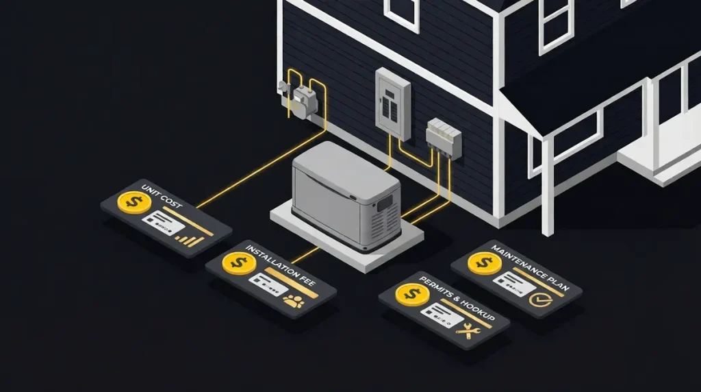 Standby generator installation cost breakdown showing equipment, transfer switch, and labor components in a clean infographic layout