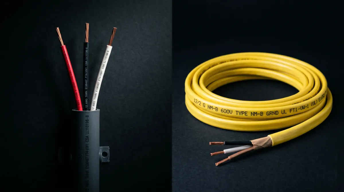 THHN single conductor wire and NM-B sheathed cable shown side by side at the same 12 AWG copper gauge