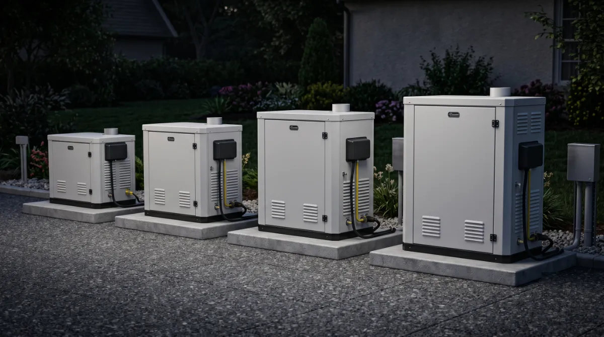 14kW 18kW 22kW and 24kW Generac air-cooled standby generators compared side by side showing relative size and capacity