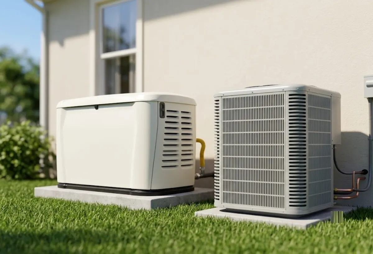 Residential standby generator installed beside a 4-ton central air conditioner condenser on a concrete pad