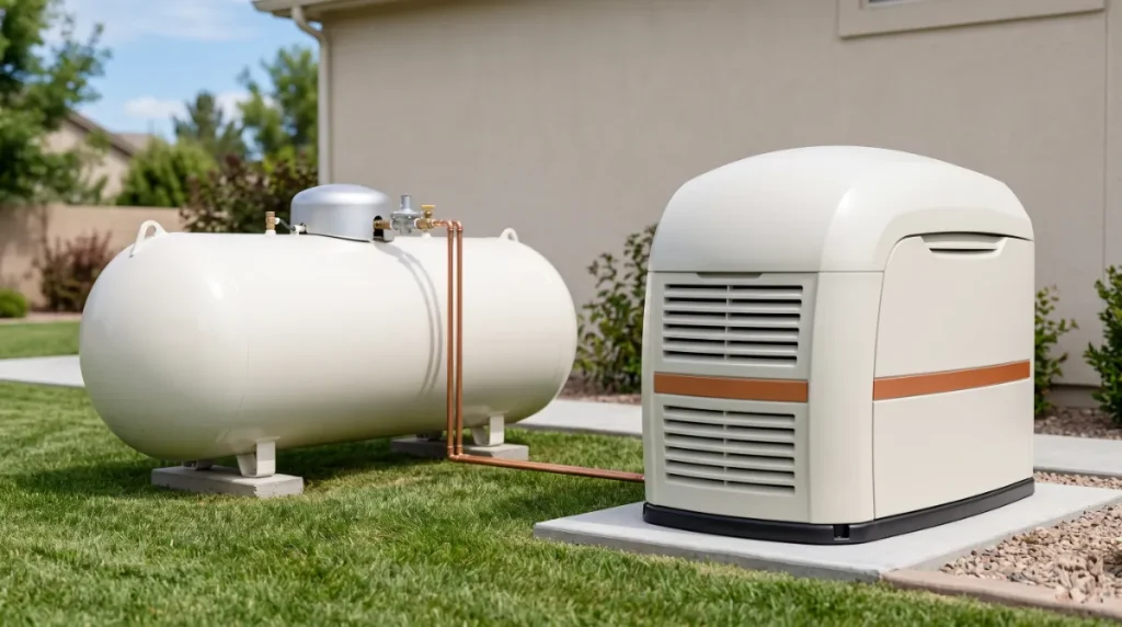 18kW Generac propane tank sizing showing 500-gallon residential tank beside an 18kW Generac standby generator