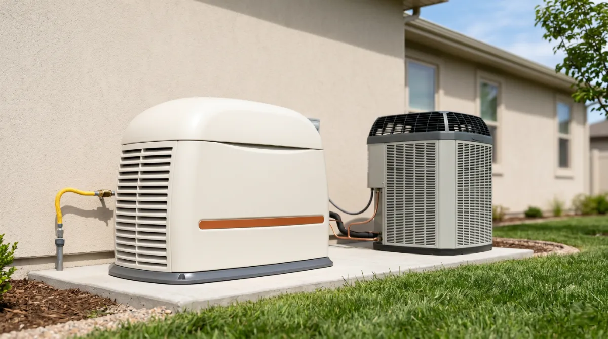 22kW Generac 7260 standby generator installed beside a 5-ton residential central air conditioner condenser