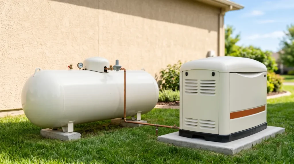 22kW Generac propane tank sizing showing 500-gallon residential tank beside a 22kW Generac standby generator