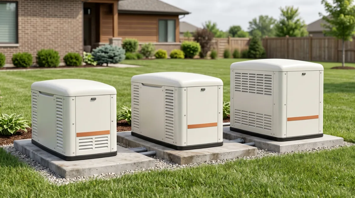 Generac 22kW 24kW and 26kW air-cooled standby generators compared by size and surge capacity for 5-ton AC homes