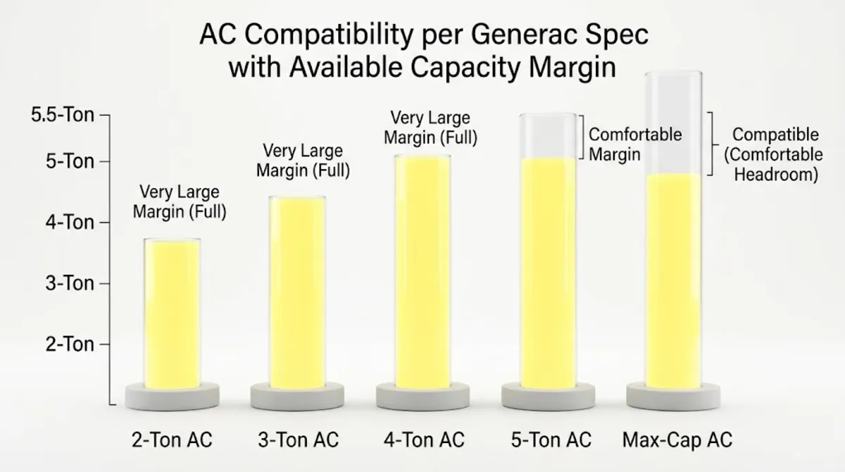24kW Generac AC compatibility chart by tonnage from 2-ton to 5-ton with gas and all-electric home variants