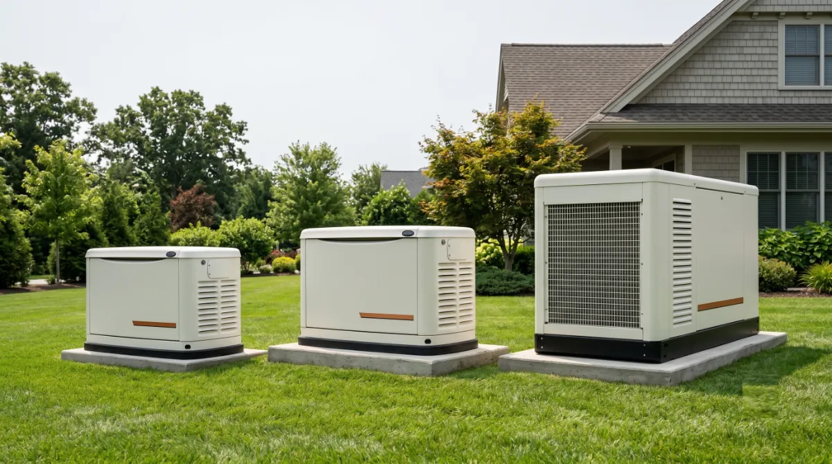 Generac 24kW 26kW and liquid-cooled standby generators compared by size and surge capacity for large residential and commercial AC homes