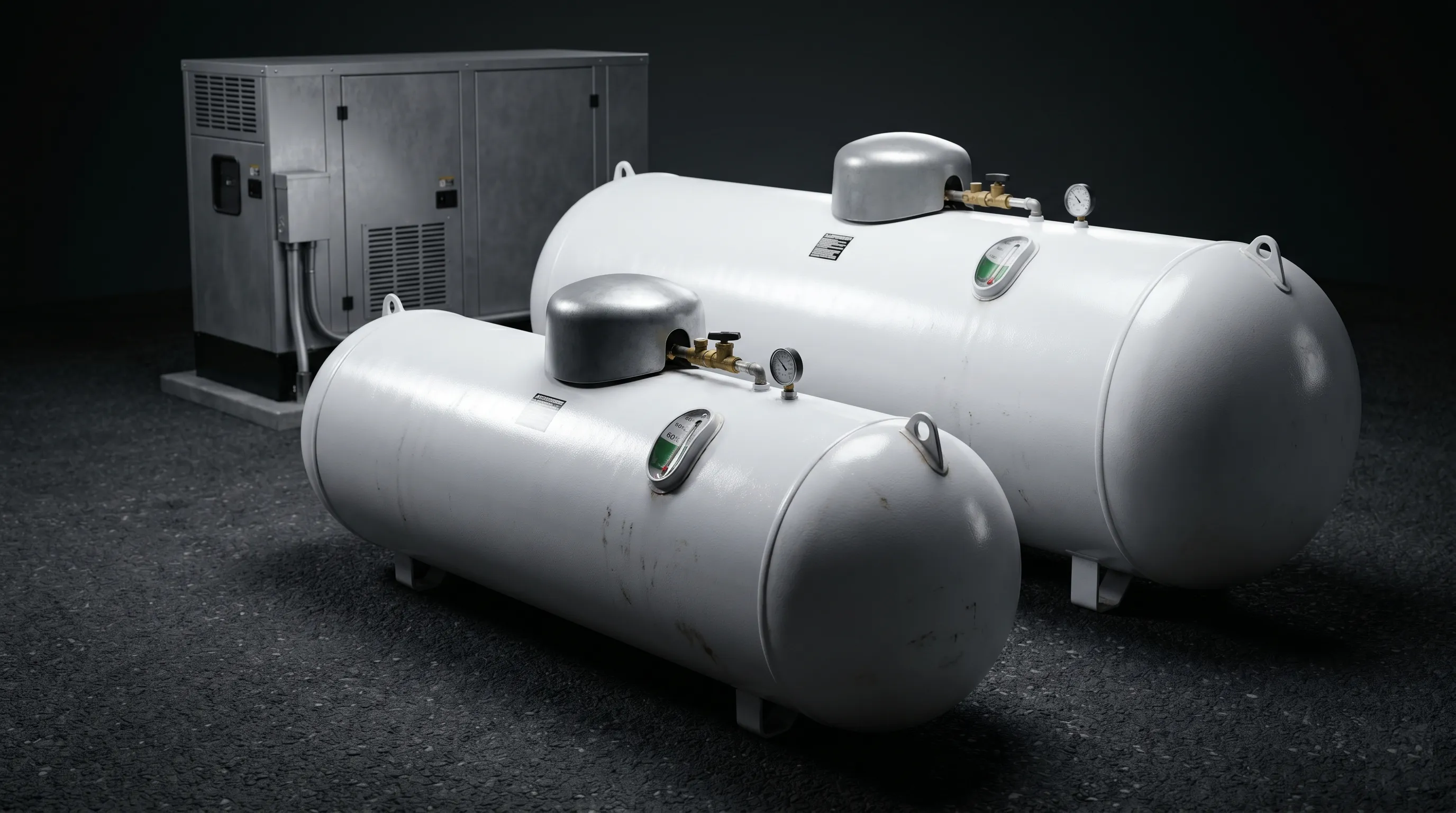 500 gallon and 1000 gallon residential propane tanks compared side by side with a 28kW Generac generator